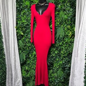 Hera Collection Dress Medium Red Ribbed Knit V-Neck  Bodycon Maxi 3855